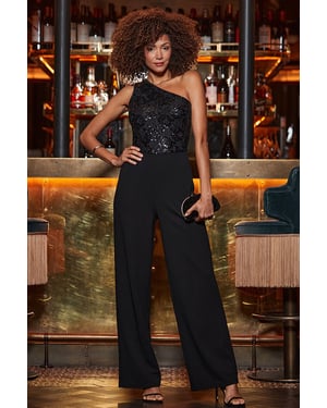 Black One Shoulder Sequin Top Jumpsuit