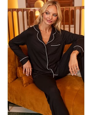 Black Contrast Trim Pyjama Top