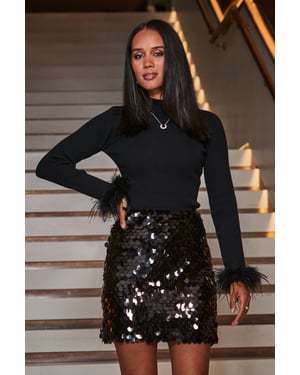Black Feather Cuff Ribbed Knit Jumper