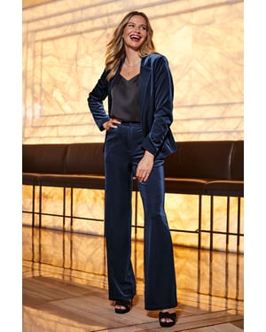 Midnight Blue Velvet Wide Leg Trousers