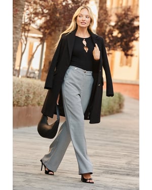 Black & White Houndstooth Print Wide Leg Trousers
