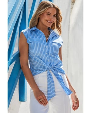 Blue Stripe Print Tie Front Cotton Shirt