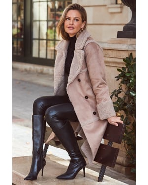 Stone Faux Suede & Shearling Double Breasted Coat