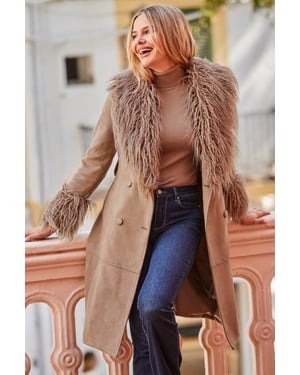 Taupe Luxe Faux Suede & Fur Afghan Coat