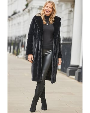 Black Luxury Faux Fur Longline Coat