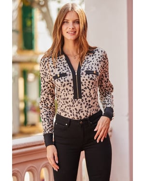 Animal Print Contrast Trim Zip Front Top