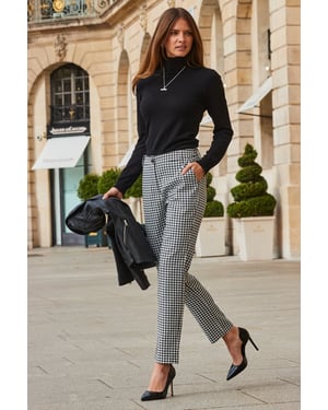 Black & White Houndstooth Print Tapered Leg Trousers