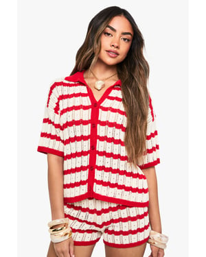 Crochet Stripe Collared Shirt and Short Co-Ord