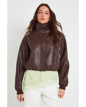 Funnel Neck Zip Pockets Faux leather Jacket
