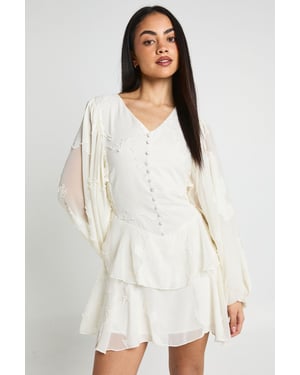 Floral Burnout Volume Sleeve Ruffle Hem Mini Dress
