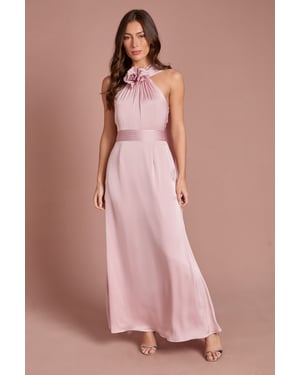 3D Corsage Satin Maxi Dress With Drape Detail