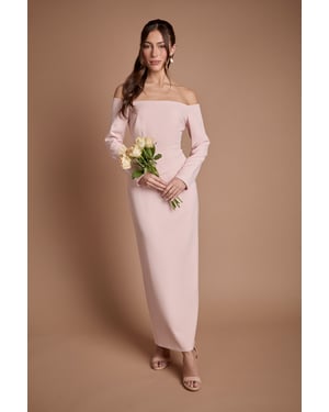 Crepe Bardot Long Sleeve Bridesmaid Maxi Dress