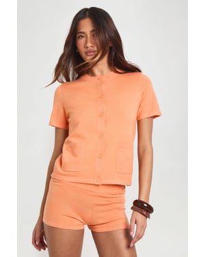 Rib Knit Button UP Crew Neck Top and Micro Short Co-Ord