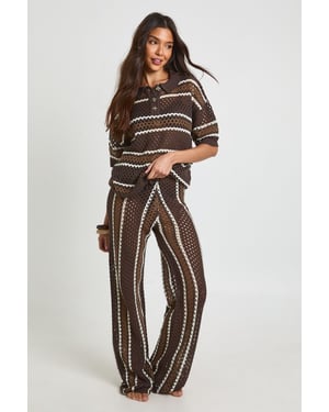 Stripe Crochet Button Down Shirt and Wide Leg Trouser Co-Ord