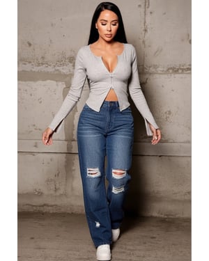 Wash High Waisted Wide Leg Ripped Knee Distressed Denim Jeans