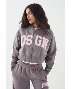 DSGN Studio Cord Applique Boxy Crop Zip Through Hoodie