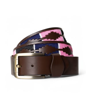 Men’s Polo Leather Belt with Colourful Embroidered Stitching in Pink