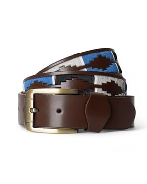 Men’s Polo Leather Belt with Colourful Embroidered Stitching in Navy