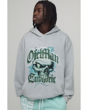 Oversized Euphoric Skull Graphic Washed Hoodie