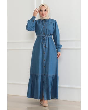 Ruche Detailed Denim Jurk Lichtblauw