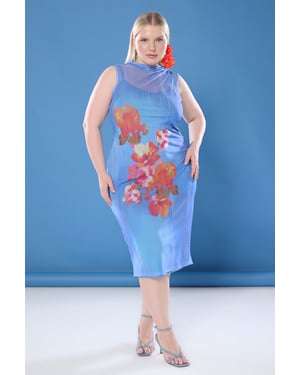Curve Damklänning med mycket färgglad blommig ärmlös midiklänning, smal passform/vardagsklänning i plusstorlek