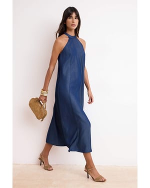 Blauwe platte maxi-jurk zonder mouwen voor dames in skaterstijl