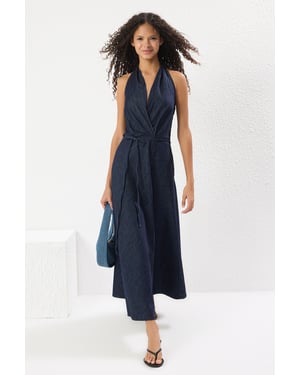 Marineblauwe, rechte, mouwloze maxi-jurk voor dames, geschikt voor dagelijks gebruik.