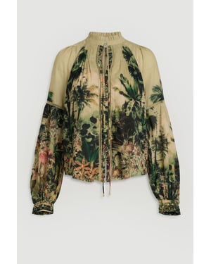 Botanical Print Woven Balloon Sleeve Blouse
