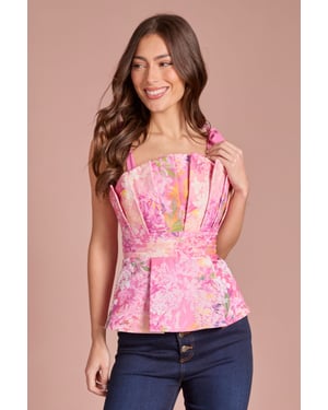 Printed Pleated Bow Shoulder Top