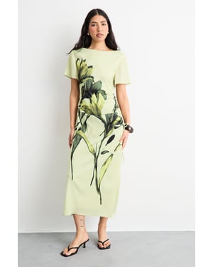 Placement Print Crinkle Satin Ruched Midi Dress