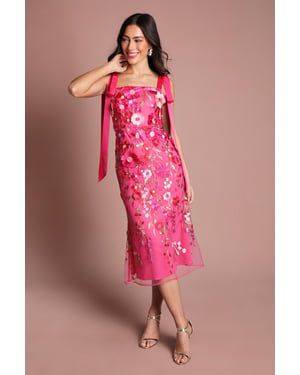 Coast Muse 3D Floral Mesh With Tie Shoulder Midi Dress