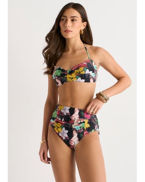 Bikinitopp med tropiskt blommönster och vridet snitt framtill