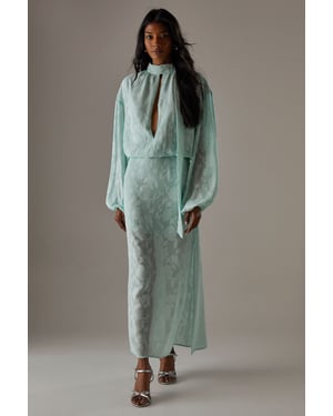 Chiffon Jacquard High Neck Slash Front Blouse