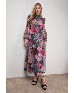 Printed Dropped Curved Waist Long Sleeve Maxi Dress