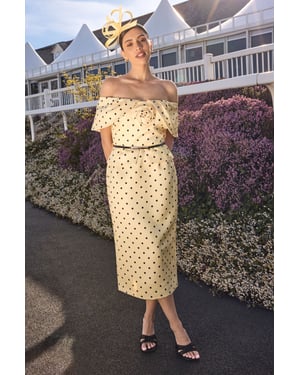 Lisa Tan Spot Print Corsage Off The Shoulder Pencil Dress