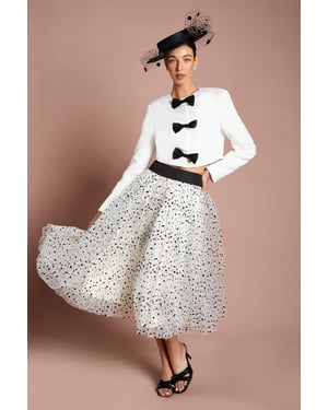Lisa Tan Pleated Polka Dot Mesh Midi Skirt