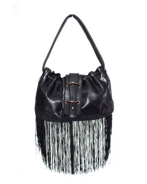 Emporio Armani, vintage zwarte leren handtas met franjes.