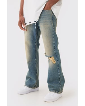 Relaxed Flare Rigid Knee Rip Tinted Denim Jeans