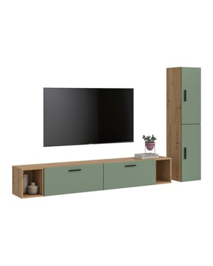 Furnilux Woonwand in artisan eik en rookgroen modulaire woonkast 259 cm breed