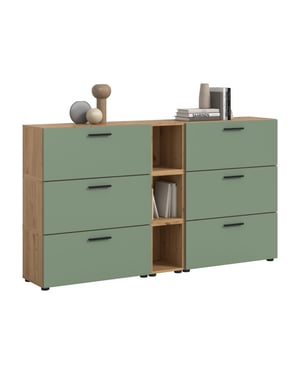 Furnilux Woonkast-combinatie in artisan eik en rookgroen moderne woonwand met wielen