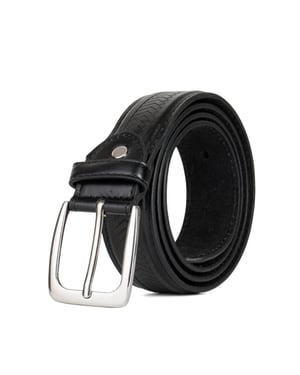Black Herringbone Leather Lined Belt with Polished Buckle - 1.25”
