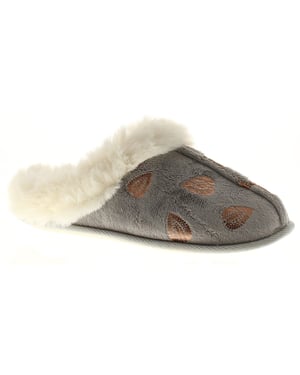 Womens Mule Slippers Faux Fur Heart Mule silver