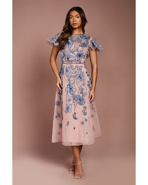 Floral Embroidered Cutwork Sleeve Midi Dress