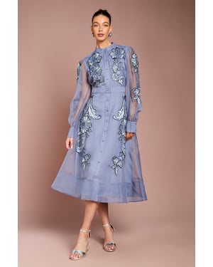 Placement Embroidered Long Sleeve Midi Dress