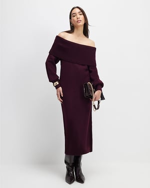 River Island Womens Bardot Midi Dress Red Knit Long Sleeve