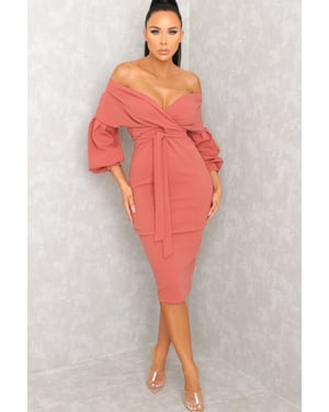 Pink Belted Bodycon Midi Dress - Angelica