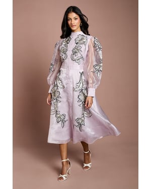 Petite Placement Embroidered Long Sleeve Midi Dress