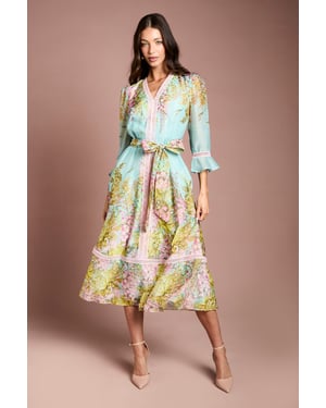 Lace Trim Placement Print 3/4 Sleeve Midi Dress