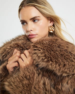 River Island Womens Jacket Petite Brown Faux Fur Collared