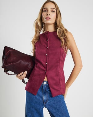 River Island Womens Waistcoat Red Faux Suede Sleeveless